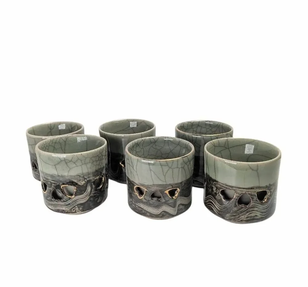 Vintage Somayaki Japanese Tea Cups Set of 6  Crackle Celadon Double Walled Horse